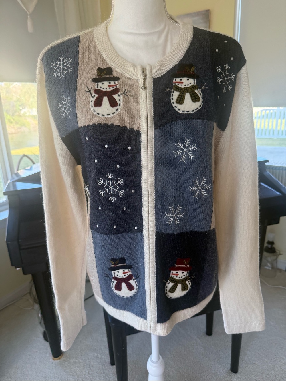 Croft & barrows Snowman patchwork zip front wool blend holiday cardigan sweater